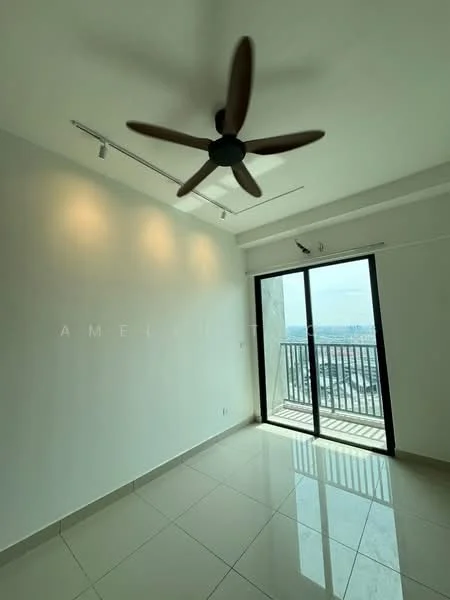 Room features: white painted walls, polished ceramic tile flooring, 5-blade ceiling fan, floor-to-ceiling sliding glass door, balcony with railing, natural light from large window, track lighting, city view; style: modern; view: city.