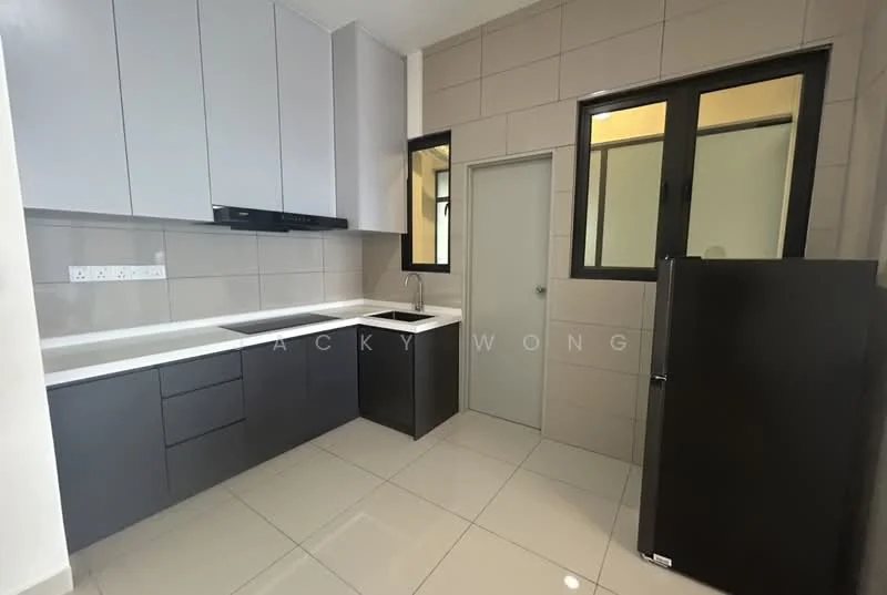 Kitchen features: grey cabinetry, white countertop, single-bowl stainless-steel sink, chrome pull-down faucet, built-in oven, fridge, ceramic tile flooring, wall-mounted cabinets, two windows, neutral wall tiles, door to adjacent room; style: modern.