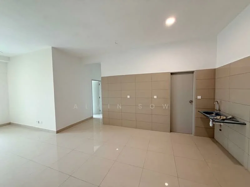 Room features: white painted walls, beige tiled wall cladding, glossy beige floor tiles, single-bowl stainless-steel sink, wall-mounted faucet, door leading to another room, recessed ceiling lights; style: modern.