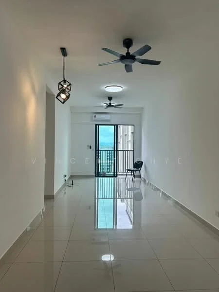 Living features: white painted walls, glossy ceramic tile flooring, 5-blade ceiling fan, 3-blade ceiling fan, recessed LED downlights, sliding glass door, floor-to-ceiling windows, balcony view; style: modern; view: city.