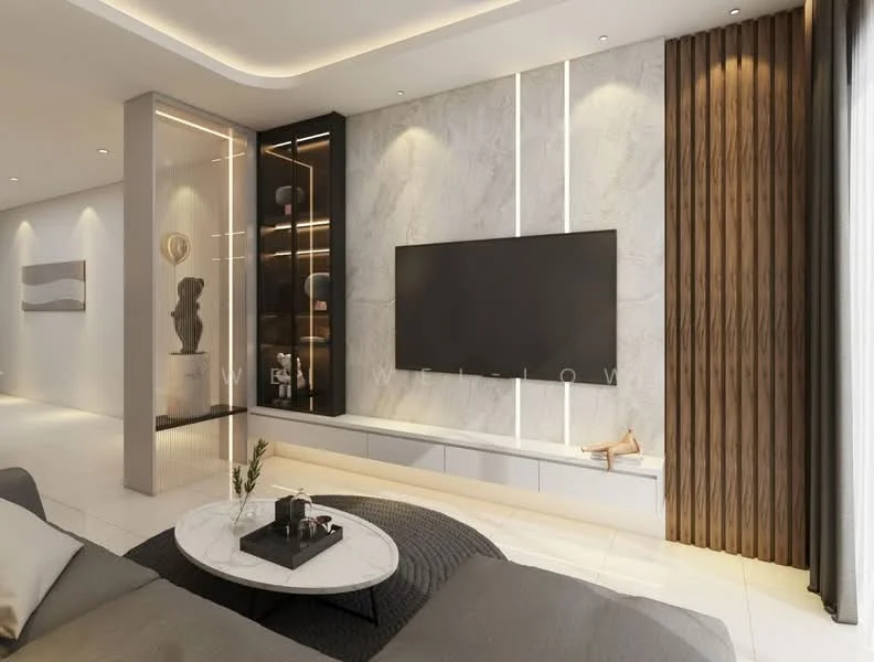 Living features: grey fabric sofa, marble coffee table, wall-mounted TV, white cabinetry with LED lighting, decorative sculpture, feature wall with wood paneling, light grey stone accent wall, recessed ceiling lights, floor-to-ceiling windows with sheer curtains, area rug, decorative plant; style: modern.