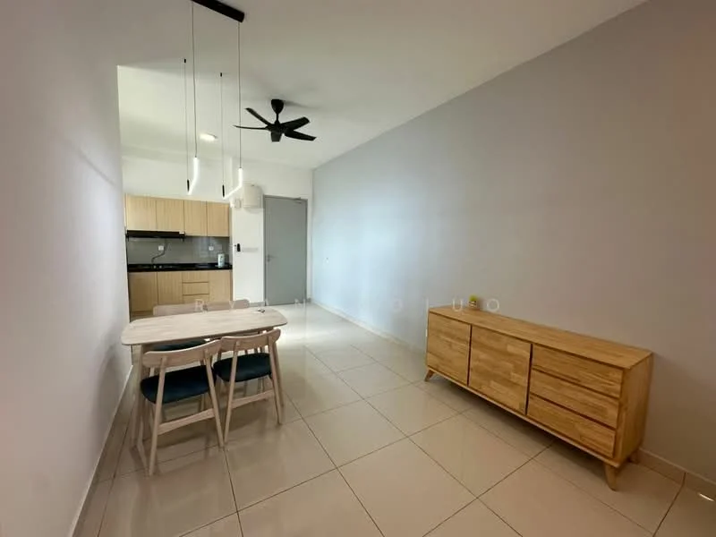 Living features: white painted walls, tile flooring, 5-blade ceiling fan, dining table with 4 chairs, wooden sideboard, open layout, kitchen area visible, recessed lighting; style: modern. Kitchen features: black countertop, wood cabinetry, stainless-steel sink, built-in stove, refrigerator visible; style: modern.
