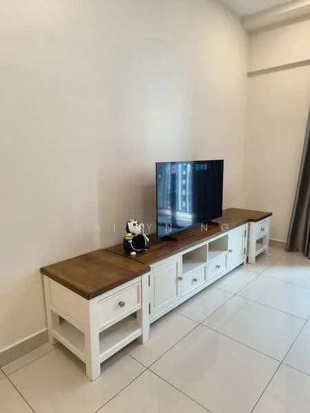 Living features: white painted walls, glossy tile flooring, wooden TV console with drawers, flat-screen TV, decorative plush toy, curtains, neutral color scheme; style: modern.