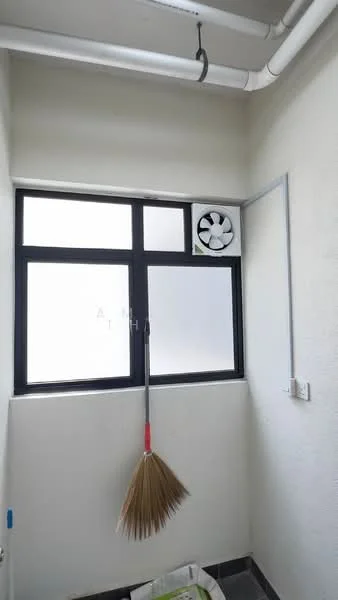 Laundry features: floor-to-ceiling window, black framed window, exhaust fan, white painted walls, grey tile flooring, broom, hanging pipe, light fixture.
