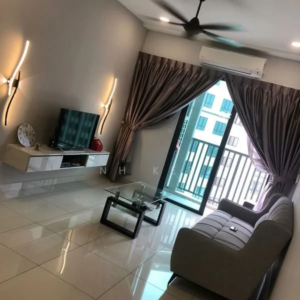 Living features: grey fabric sofa, glass coffee table, wall-mounted TV, white TV console, 2 wall sconces, floor-to-ceiling windows, curtains in light purple, air conditioning unit, glossy tile flooring, ceiling fan; style: modern.
