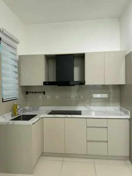 Kitchen features: single-bowl stainless-steel sink, chrome pull-down faucet, black built-in oven, black range hood, marble countertop, light grey cabinetry, flat-panel cabinet doors, ceramic tile flooring, window with roller blinds, wall-mounted electrical outlets; style: modern.