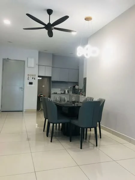 Dining features: 6-seater dining table, upholstered dining chairs in grey, pendant light fixture, 5-blade ceiling fan, white walls, glossy tile flooring, kitchen area visible in background, recessed lighting; style: modern.