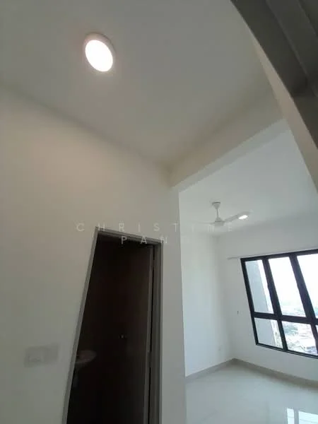 Room features: white painted walls, polished tile flooring, recessed downlights, ceiling fan, floor-to-ceiling windows, door to adjacent room; style: modern; view: city.