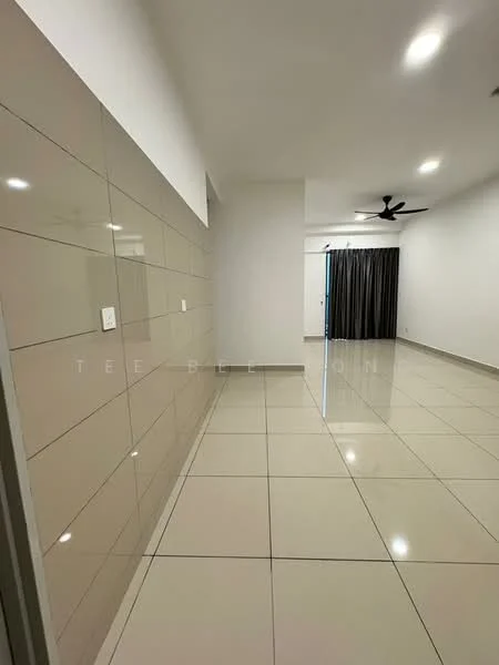 Room features: glossy ceramic tile flooring, light grey painted walls, recessed downlights, ceiling fan, floor-to-ceiling curtains, large window, neutral color palette, open layout; style: modern.