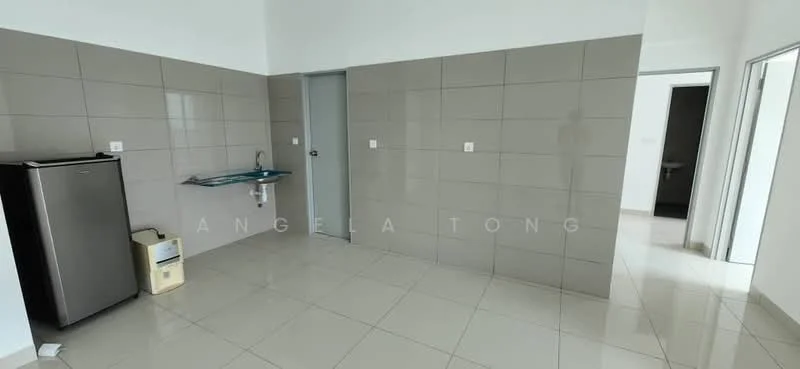 Room features: grey tiled walls, white tiled flooring, stainless-steel fridge, single-basin sink, wall-mounted tap, door to adjacent room, door to bathroom, light switch, window, empty wall space; style: modern.