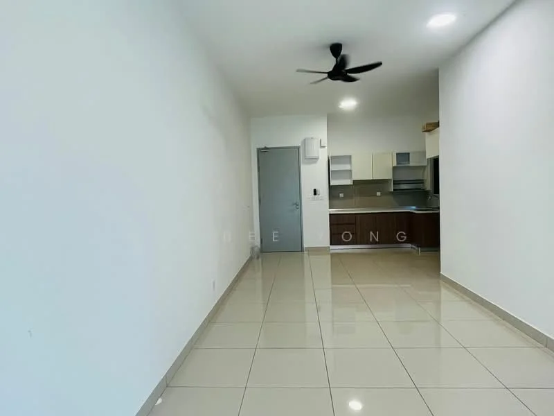 Living features: white painted walls, glossy ceramic tile flooring, 5-blade ceiling fan with light, recessed downlights, open kitchen layout, kitchen cabinetry in wood finish, stainless-steel sink, built-in kitchen appliances, door leading to hallway; style: modern.