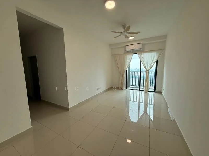 Living features: white painted walls, glossy ceramic tile flooring, 5-blade ceiling fan with light, floor-to-ceiling windows, sliding glass door, sheer curtains, balcony access, air conditioning unit; style: modern; view: city.