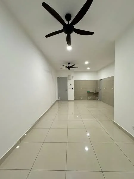 Room features: white painted walls, glossy ceramic tile flooring, 2 ceiling fans, recessed downlights, grey tiled wall, door, window, open space layout; style: modern.