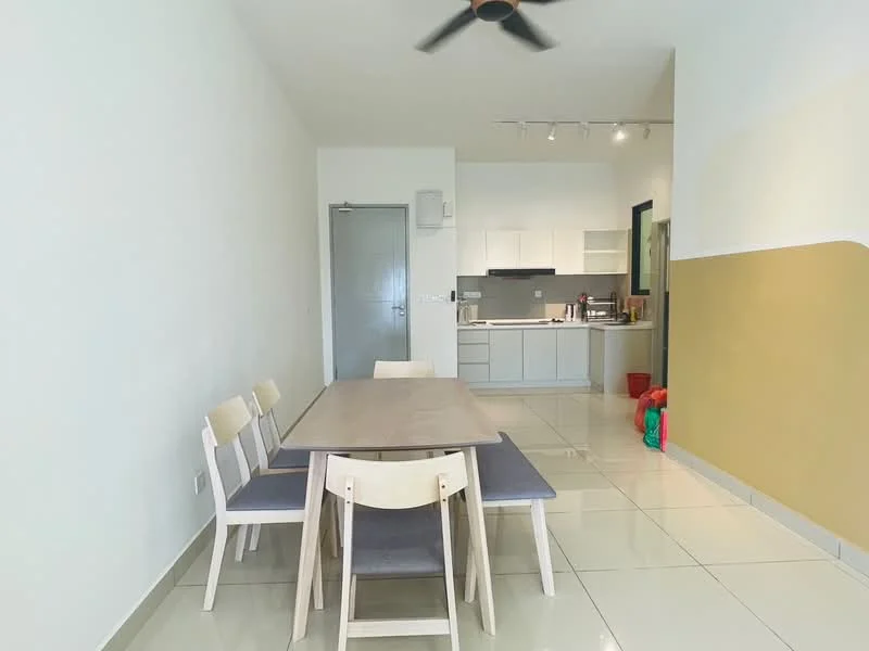 Dining features: dining table with light wood finish, 4 dining chairs with light wood finish, white walls, cream accent wall, tile flooring, ceiling fan, recessed downlights, open layout to kitchen, kitchen cabinetry visible in background, kitchen countertop visible in background; style: modern.