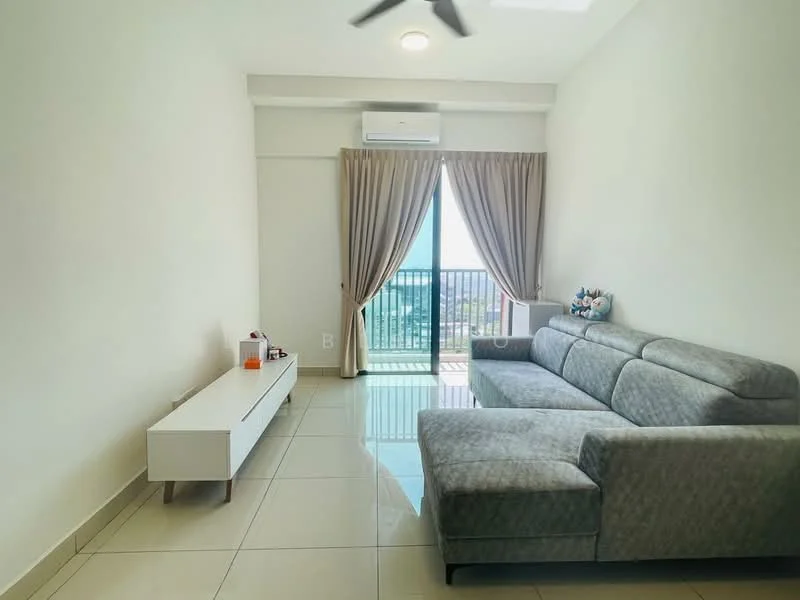 Living features: grey fabric sectional sofa, white TV console, floor-to-ceiling windows, curtains, wall-mounted air conditioning unit, recessed ceiling lights, polished ceramic tile flooring, decorative figurine on console; style: modern; view: city.