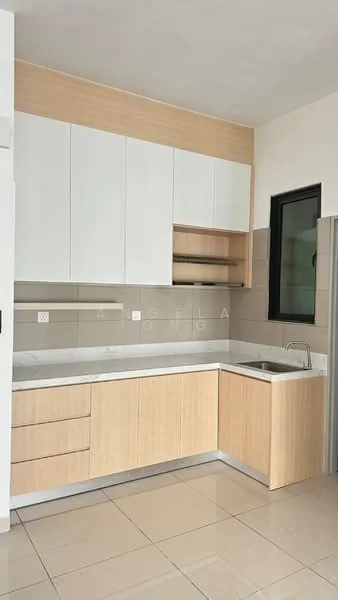 Kitchen features: light wood cabinetry, white upper cabinets, grey tiled backsplash, marble countertop, single-bowl stainless-steel sink, chrome pull-down faucet, built-in shelving, ceramic tile flooring, window with black frame; style: modern.