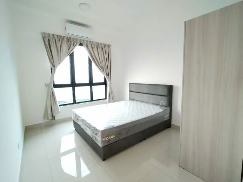 Bedroom features: queen-size bed, grey upholstered headboard, floor-to-ceiling windows, sheer curtains, light-colored walls, glossy tile flooring, air conditioning unit, built-in wardrobe with wood finish; style: modern.