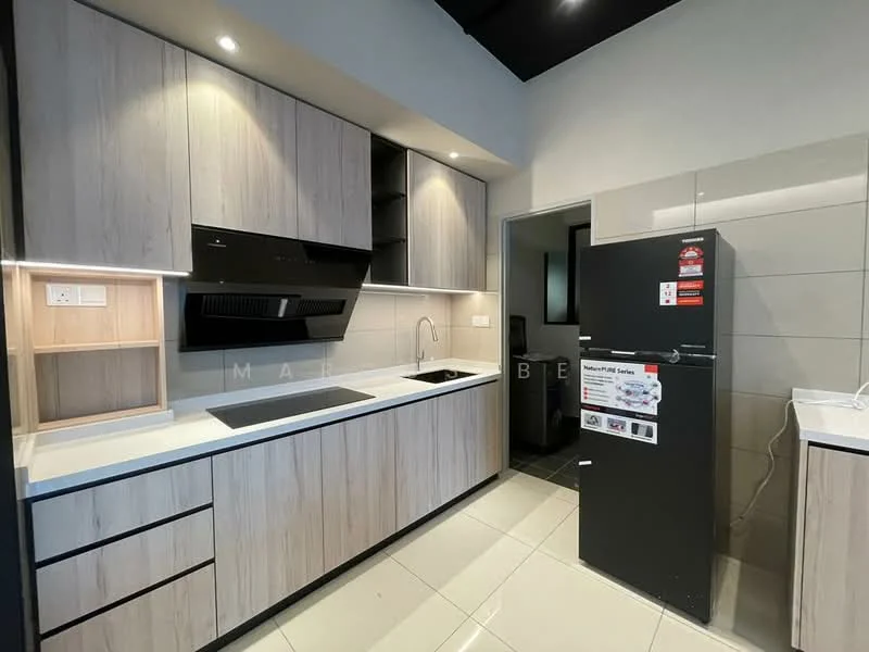 Kitchen features: light wood cabinetry, white countertop, black built-in oven, black range hood, single-bowl stainless-steel sink, chrome pull-down faucet, ceramic tile flooring, refrigerator, open shelving, wall-mounted cabinets, under-cabinet lighting; style: modern.
