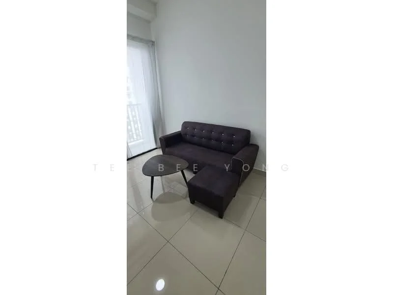 Living features: 3-seater fabric sofa in dark grey, round glass coffee table, white painted walls, glossy tile flooring, floor-to-ceiling windows with sheer curtains, natural light from window; style: modern.
