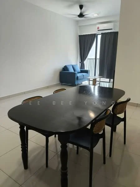 Dining features: black dining table, 4 dining chairs with cane backs, white walls, tile flooring, ceiling fan, floor-to-ceiling windows, curtains, blue fabric sofa, small side table; style: modern.