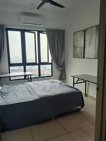 Bedroom features: king-size bed with grey bedding, 2 folding tables, floor-to-ceiling windows, grey curtains, wall-mounted split AC, white painted walls, glossy tile flooring, ceiling fan; style: modern; view: city.