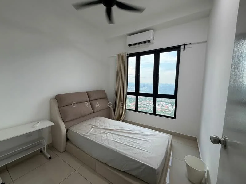 Bedroom features: queen-size bed, upholstered headboard, floor-to-ceiling window, city view, white painted walls, light-colored curtains, ceiling fan, tile flooring, built-in air conditioning unit, side table, waste bin; style: modern; view: city.