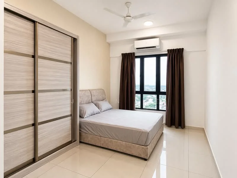 Bedroom features: queen-size bed with upholstered headboard, floor-to-ceiling windows, brown curtains, 1 wall-mounted split AC, ceiling fan, light-colored walls, glossy tile flooring, built-in wardrobe with sliding doors; style: modern; view: city.