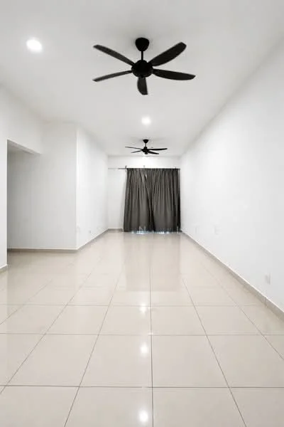 Room features: white painted walls, glossy ceramic tile flooring, 2 ceiling fans, grey curtains, recessed downlights; style: modern.