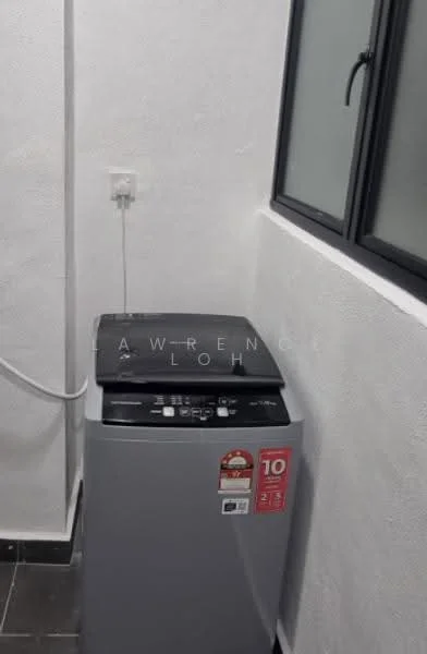 Laundry features: top-load washing machine in grey, white walls, black tiled flooring, window with black frame, power outlet on wall.