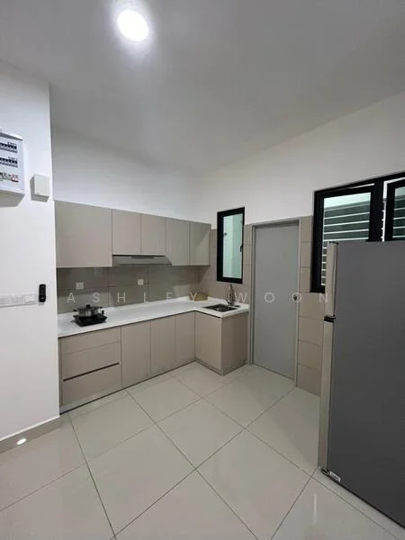 Kitchen features: light grey cabinetry, white countertop, stainless-steel sink, chrome pull-down faucet, built-in oven, freestanding fridge, ceramic tile flooring, white walls, recessed downlights, window with black frames, sliding door, kitchen island, wall-mounted cabinets; style: modern.