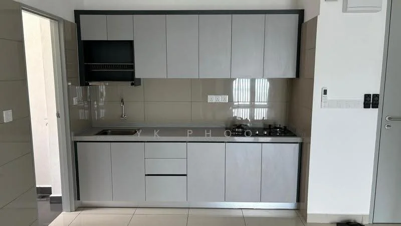 Kitchen features: grey flat-panel cabinets, single-bowl stainless-steel sink, chrome pull-down faucet, ceramic tile backsplash, built-in gas hob, built-in oven, countertop with smooth surface, under-cabinet lighting, wall-mounted shelving, white walls, tile flooring; style: modern.