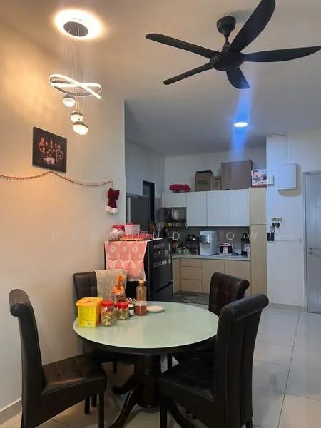 Dining features: round dining table, 4 black upholstered dining chairs, ceiling fan with light, recessed downlights, white painted walls, tile flooring, kitchen cabinetry visible in background, stainless-steel fridge visible in background, decorative wall art, table with snacks and condiments; style: modern.