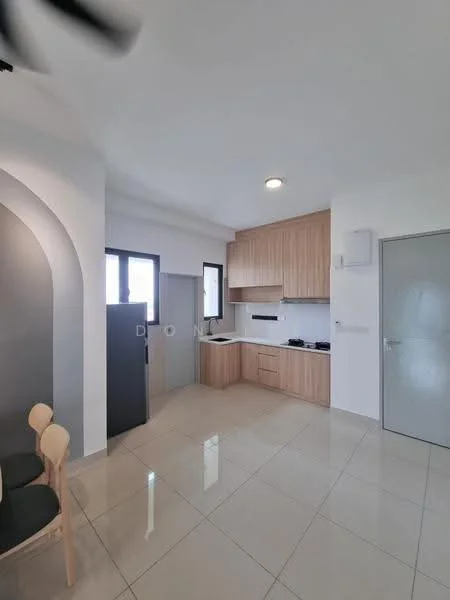 Kitchen features: light wood cabinetry, white countertop, stainless-steel sink, chrome pull-down faucet, built-in gas stove, built-in range hood, refrigerator, ceramic tile flooring, recessed downlights, two windows, neutral wall color, open layout; style: modern.
