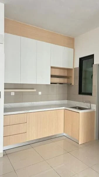 Kitchen features: white upper cabinets, light wood lower cabinets, white countertop, single-bowl stainless-steel sink, chrome pull-down faucet, tile backsplash, ceramic tile flooring, window with black frame; style: modern.