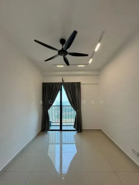 Room features: white painted walls, glossy tile flooring, 5-blade ceiling fan, recessed LED downlights, floor-to-ceiling sliding glass door, curtains, balcony view, neutral color scheme; style: modern; view: city.