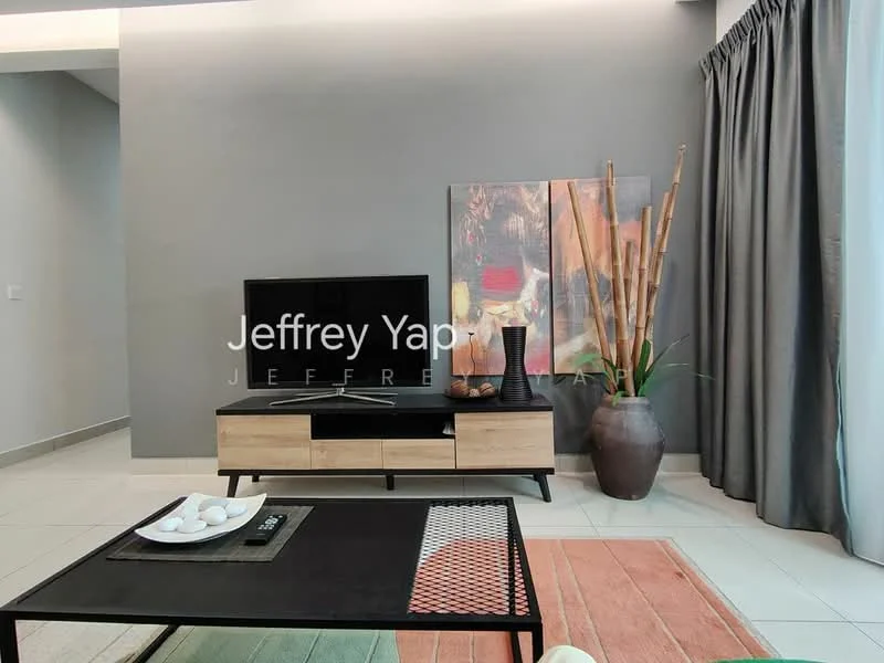Living features: grey painted walls, white ceiling, floor-to-ceiling windows, light grey curtains, black coffee table, wooden TV console, flat-screen TV, decorative artwork, ceramic vase with bamboo, area rug with geometric pattern, decorative bowl on coffee table; style: modern.