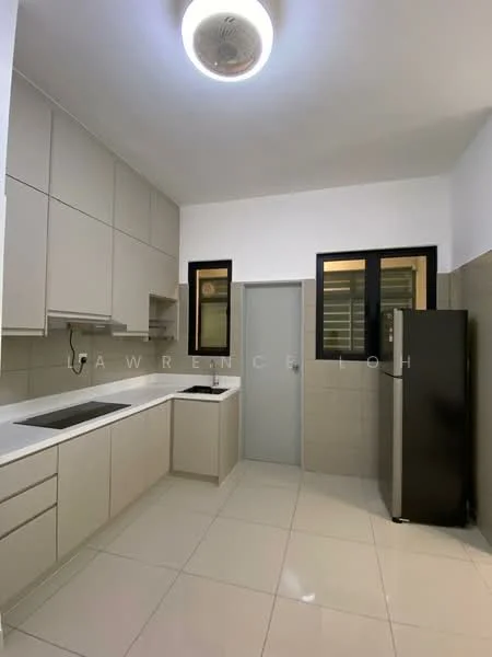 Kitchen features: light grey cabinetry, white countertop, built-in sink, stainless-steel faucet, black glass cooktop, refrigerator, wall-mounted cabinets, tile backsplash, white tiled flooring, recessed ceiling lights, two windows, door to hallway; style: modern.