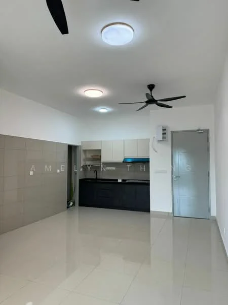Kitchen features: white painted walls, grey tiled wall, polished ceramic tile flooring, ceiling with recessed downlights, 5-blade ceiling fan, black cabinetry, kitchen countertop, sink, built-in appliances, open layout; style: modern.
