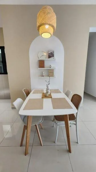 Dining features: white dining table with wooden legs, 4 dining chairs with rattan backs, pendant light fixture with woven design, neutral wall color, decorative wall shelf with items, ceramic vase on table, table runner, glossy tile flooring; style: modern.