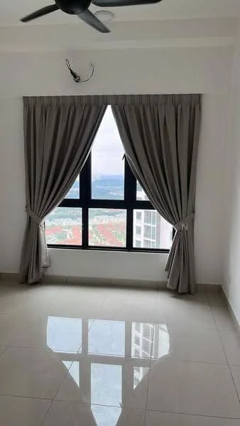 Room features: floor-to-ceiling windows, grey curtains, white painted walls, polished ceramic tile flooring, ceiling fan, city view; style: modern; view: city.