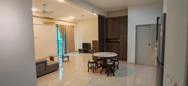 Living features: grey fabric sofa, round marble coffee table, wooden dining table with three stools, TV console, wall-mounted TV, floor-to-ceiling windows, sheer curtains, recessed downlights, ceiling fan, cream painted walls, glossy tile flooring, air conditioning unit; style: modern; view: city.