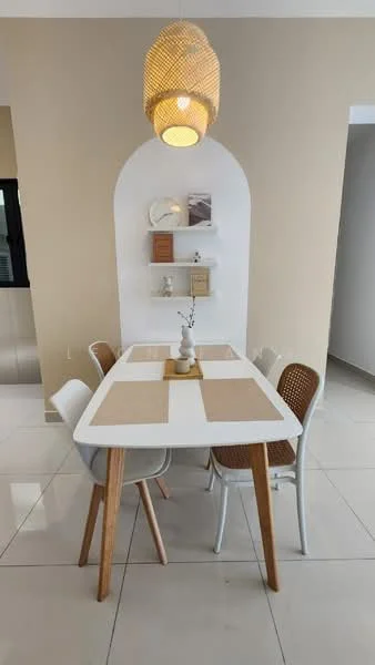 Dining features: white dining table with wooden legs, 4 white chairs with rattan backs, pendant light with woven shade, cream painted walls, glossy white tile flooring, decorative wall shelf with items, arched wall feature, natural light from window; style: modern.