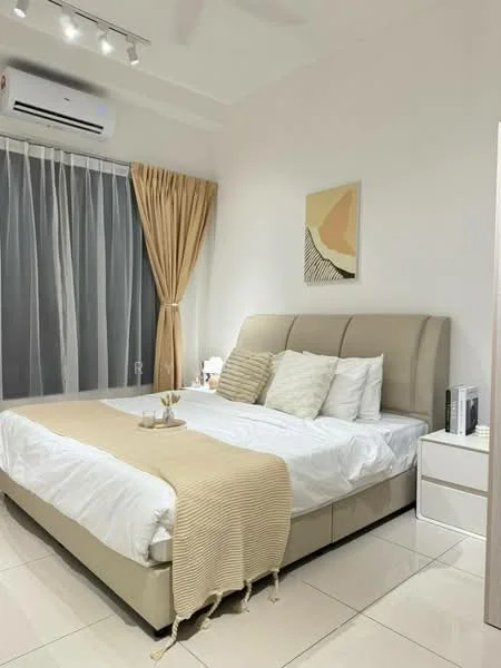 Bedroom features: king-size bed with upholstered headboard, white bedding with decorative pillows, beige throw blanket, nightstand with lamp, framed artwork on wall, floor-to-ceiling windows with sheer curtains, beige curtain drapes, wall-mounted split AC, glossy tile flooring, recessed ceiling lights; style: modern.