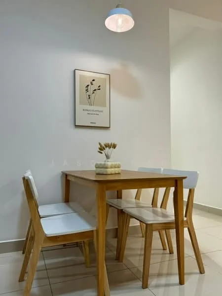 Dining features: wooden dining table, 4 dining chairs with white upholstery, pendant light fixture, framed artwork on wall, white painted walls, glossy tile flooring; style: modern.