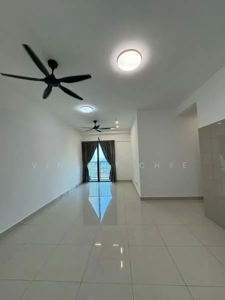 Living features: white painted walls, glossy ceramic tile flooring, 2 ceiling fans, recessed downlights, floor-to-ceiling windows, sliding glass door, curtains, open layout; style: modern; view: city.