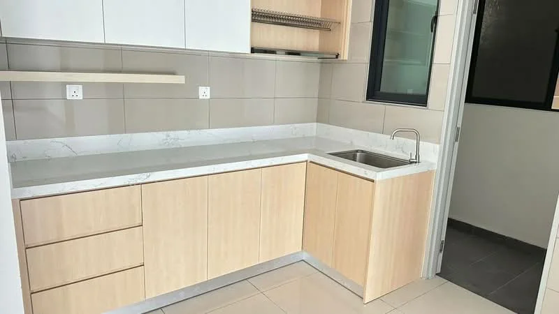 Kitchen features: light wood cabinetry, white marble countertop, single-bowl stainless-steel sink, chrome pull-down faucet, wall-mounted shelving, grey tiled backsplash, floor-to-ceiling window, tile flooring; style: modern.