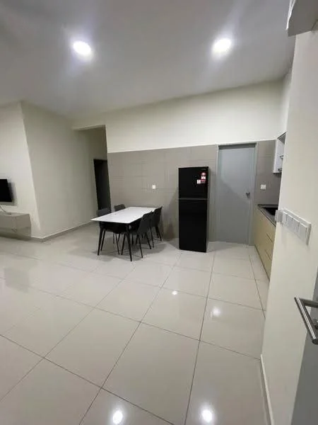 Kitchen features: white painted walls, light grey tiled backsplash, glossy beige cabinetry, black refrigerator, white dining table, black dining chairs, ceramic tile flooring, recessed LED downlights; style: modern.