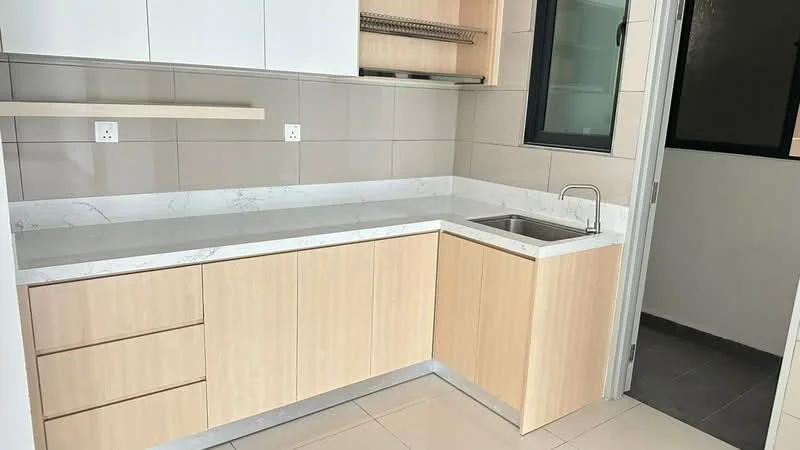 Kitchen features: light wood cabinetry, white countertop with marble pattern, stainless-steel sink, single-bowl sink, chrome faucet, wall-mounted shelf, tile backsplash, grey floor tiles, window with black frame, open layout; style: modern.