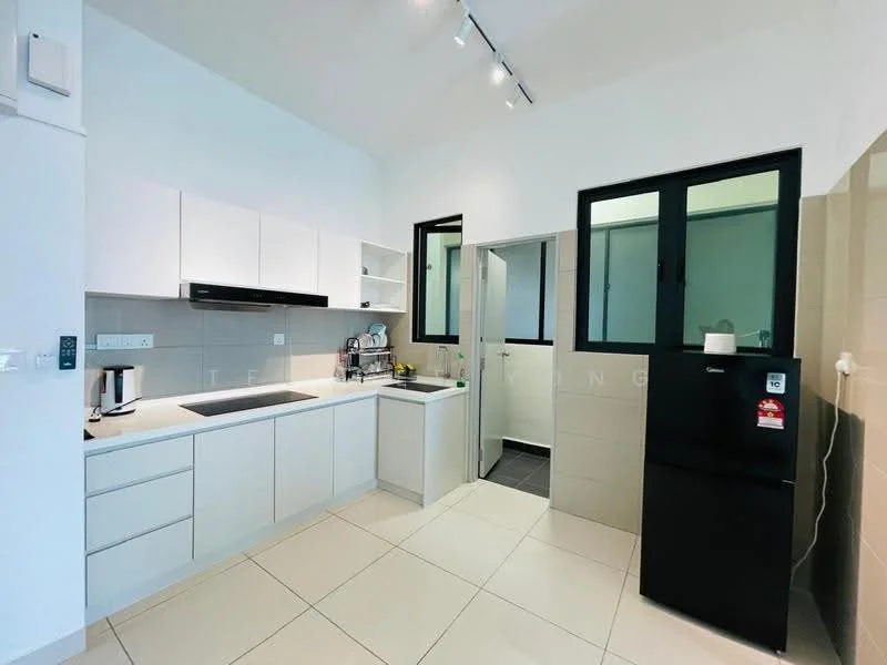 Kitchen features: white flat-panel cabinets, stainless-steel sink, chrome pull-down faucet, black refrigerator, built-in oven, ceramic tile backsplash, white quartz countertop, wall-mounted range hood, under-cabinet lighting, floor-to-ceiling windows, tile flooring, open layout; style: modern.