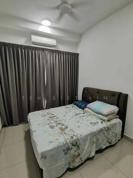 Bedroom features: queen-size bed, upholstered headboard, bedding with floral pattern, two pillows, grey curtains, wall-mounted air conditioning unit, ceiling fan, tile flooring, white painted walls, decorative throw blanket; style: modern.